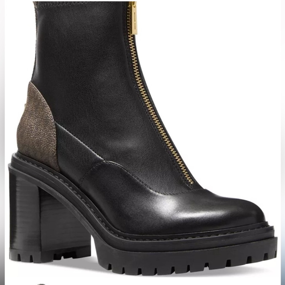 Michael Kors Cyrus Zip booties black leather brown logo-print Size 6